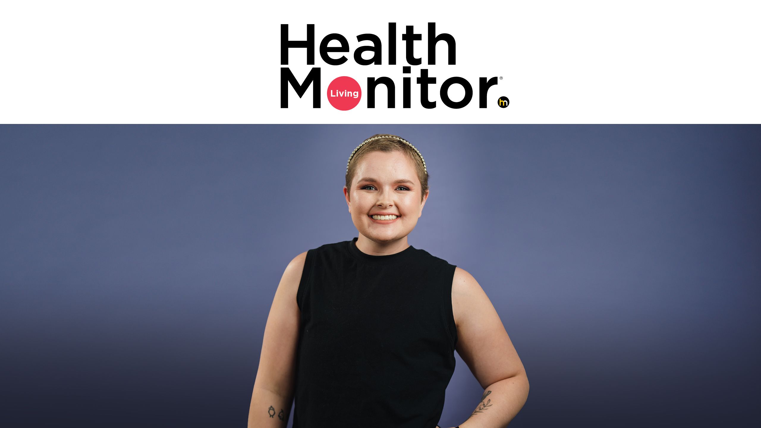 A woman smiling under the Health Monitor logo.