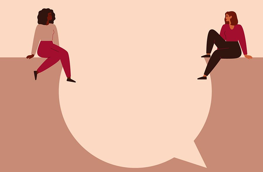 An illustration of two women sitting and speaking.