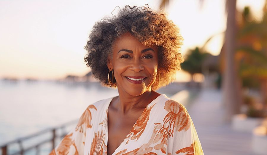 A woman with gout smiling outside in the sun.