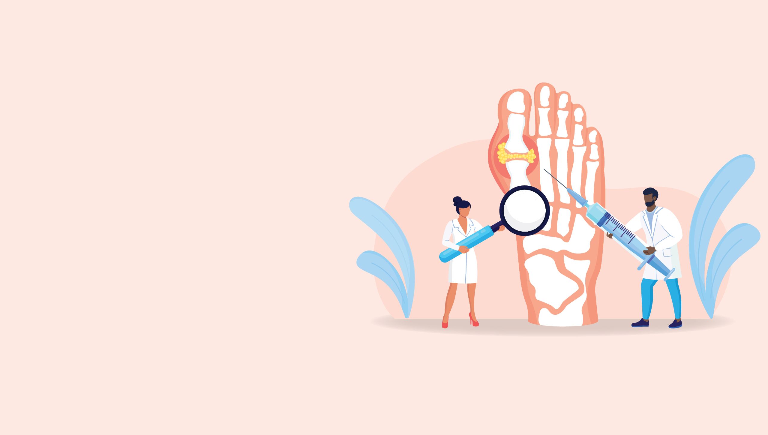 An illustration of two doctors holding needles to a foot with a gout flare up.