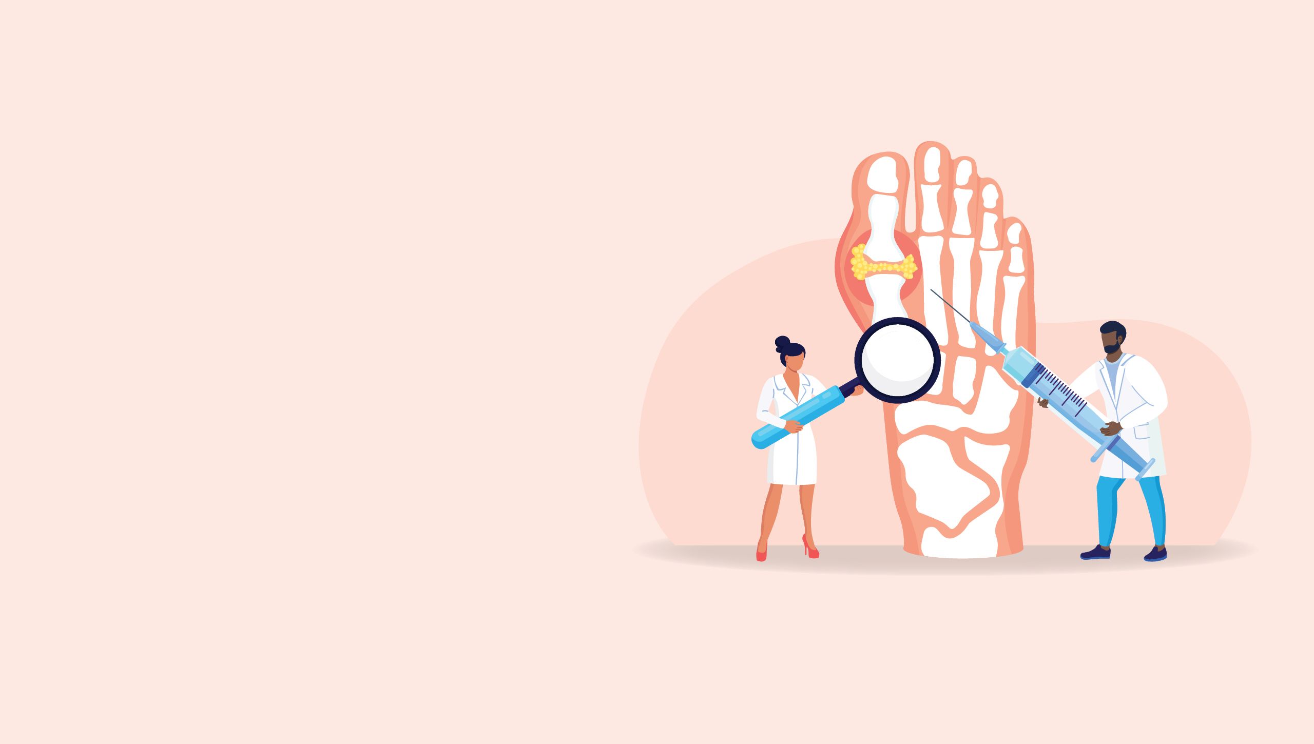 An illustration of two doctors holding needles to a food with a gout flare up.