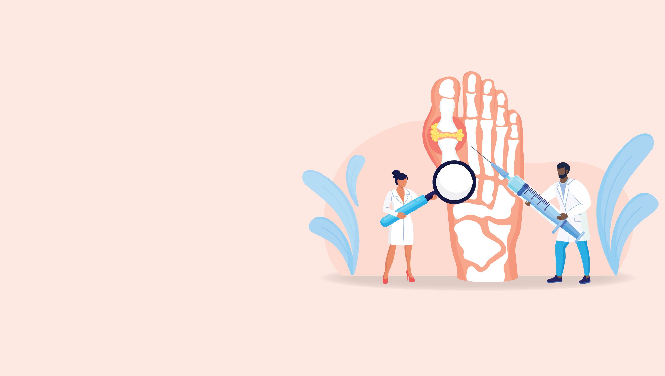 An illustration of two doctors holding needles to a foot with a gout flare up.