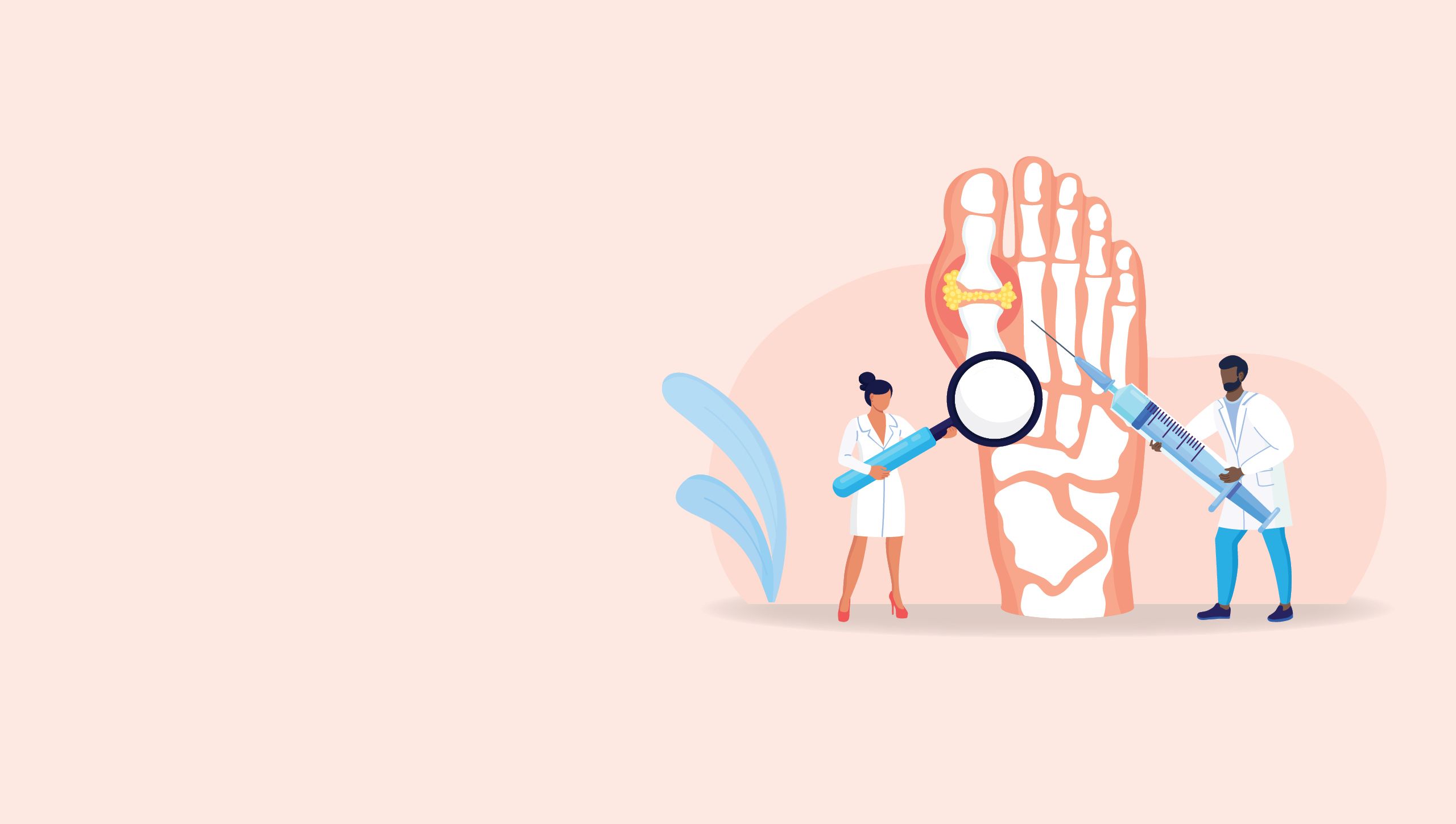 An illustration of two doctors holding needles to a foot with a gout flare up.