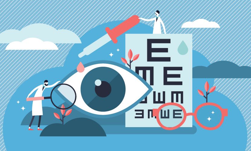 An illustration of doctors in lab coats administering eye drops to an eye. 