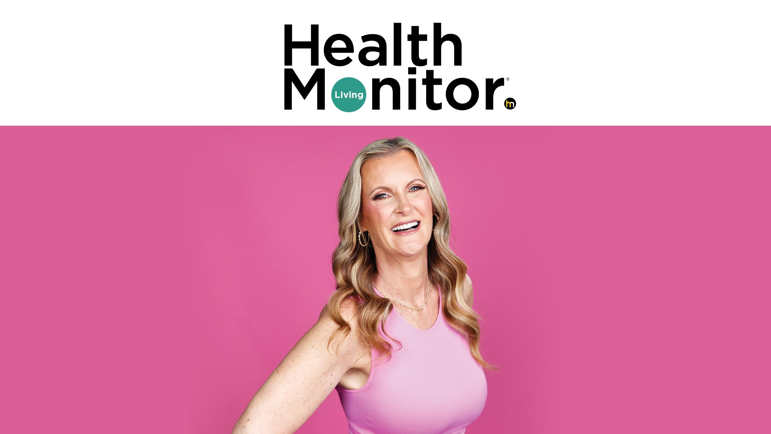 A woman smiling under the Health Monitor logo.