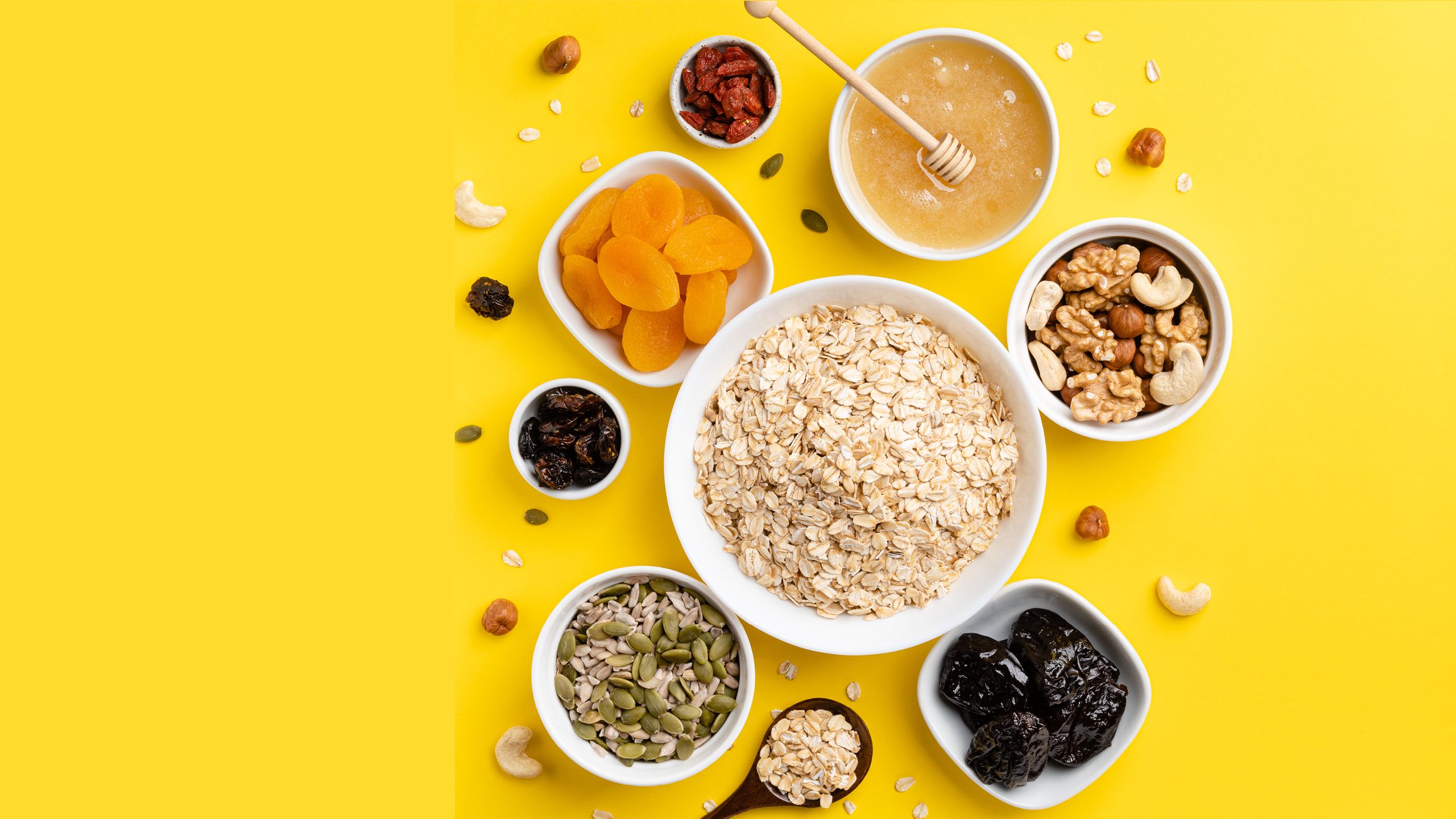 Heart-healthy foods that can help lower your cholesterol. (Oatmeal, nuts, seeds, dates.)