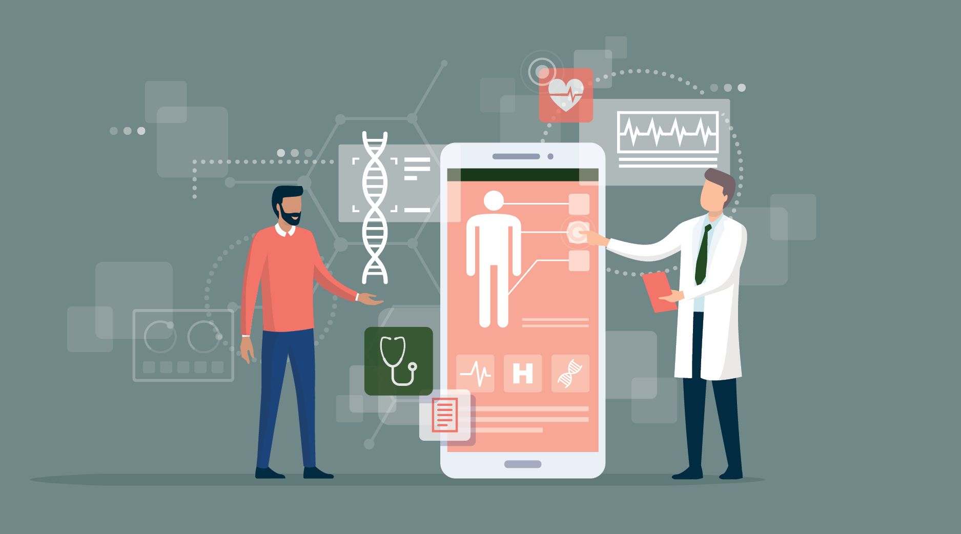 An illustration of a doctor explaining a health app to a patient.