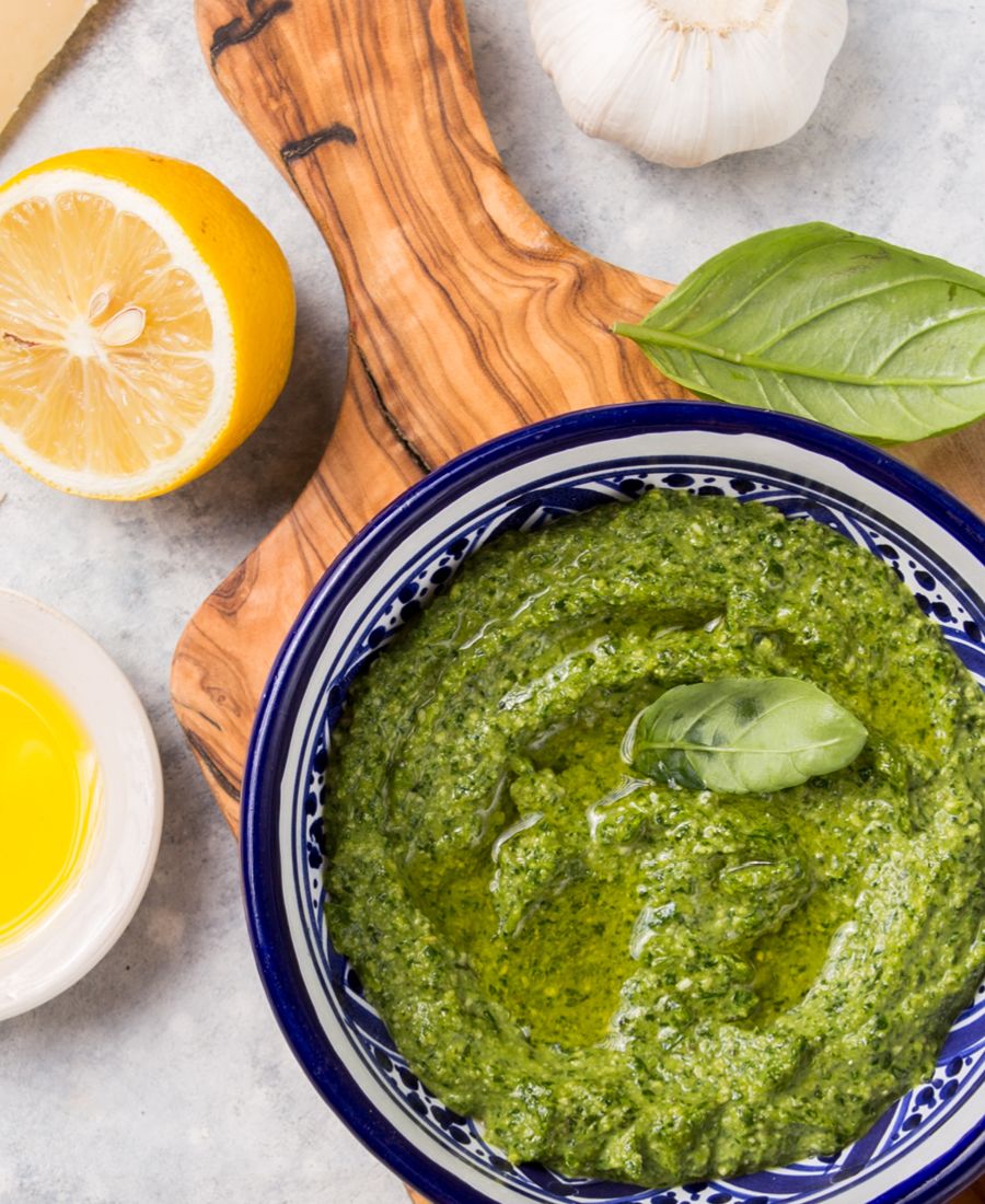 A photo of a bowl of dried herb pesto.