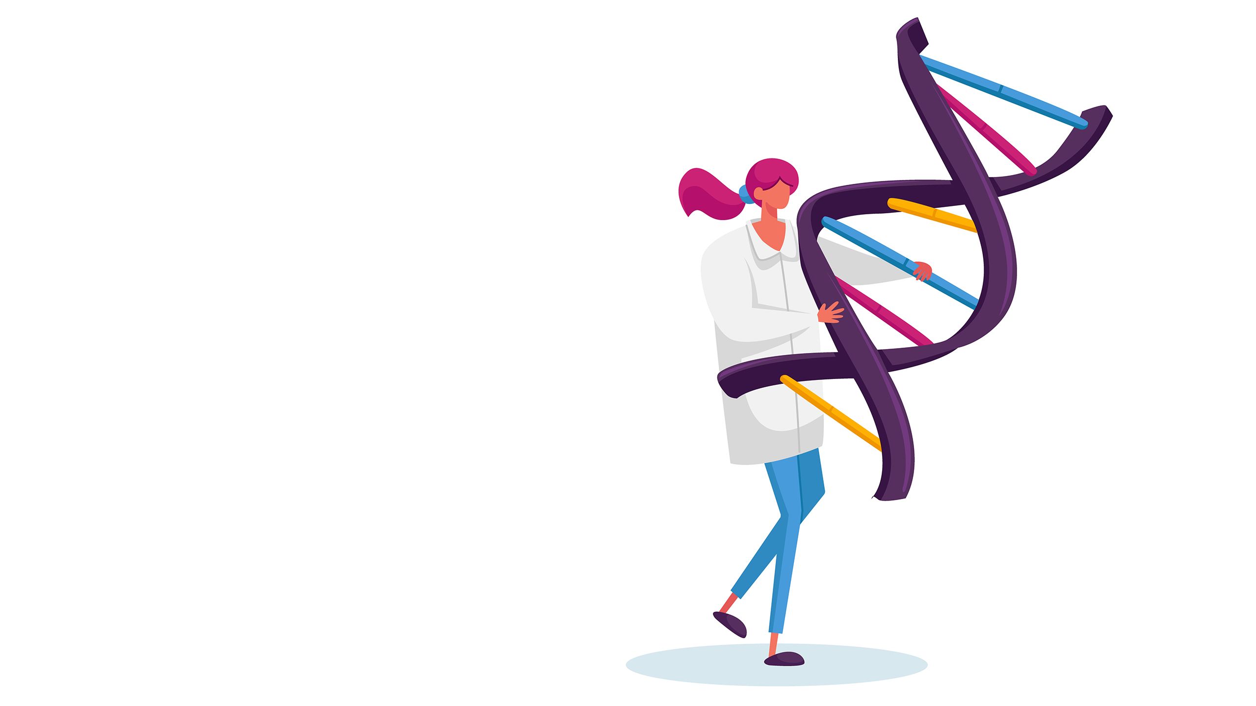 A tiny female character carrying a huge human DNA spiral model.
