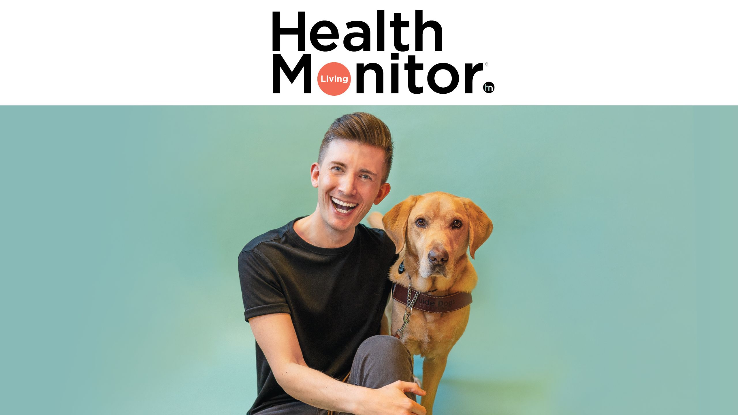 Health Monitor Living logo over man with Inherited Retinal Diseases (IRD) and his seeing eye dog.