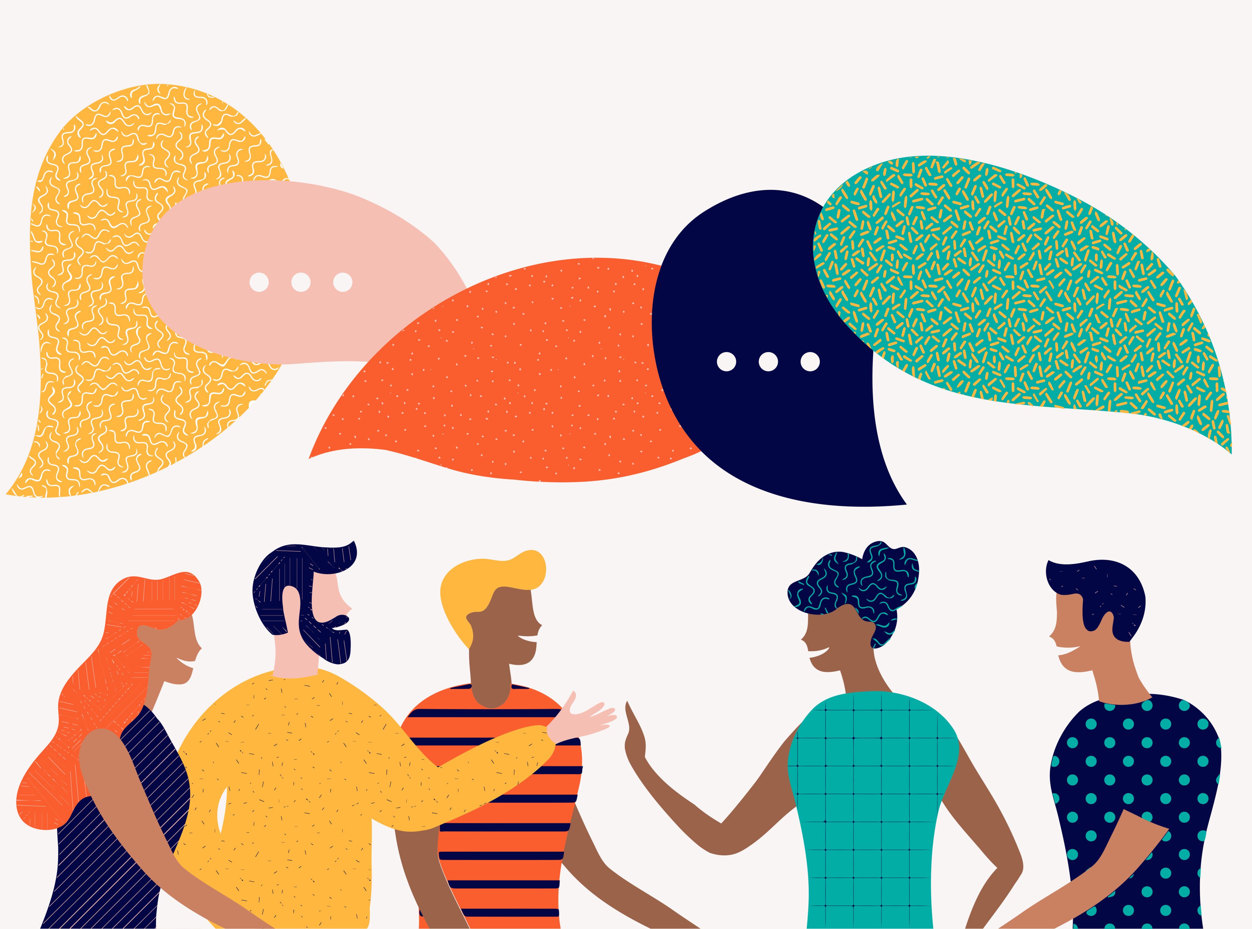 An illustration of different people in a conversation.