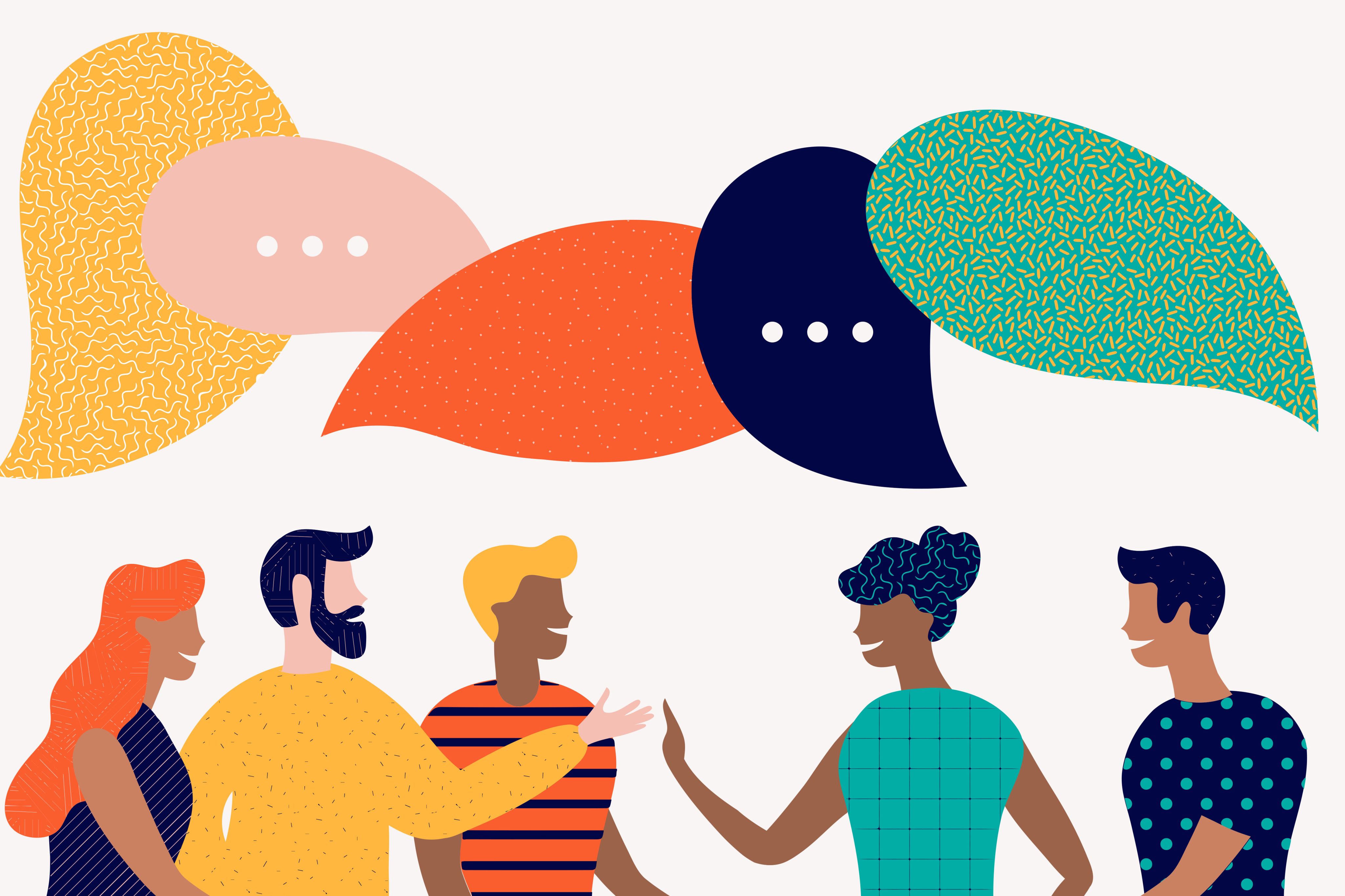 An illustration of different people discussing.